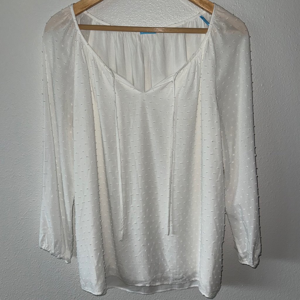 J. Mclaughlin White Lined Peasant Top With Plumetis Rayon Fabric Size M
